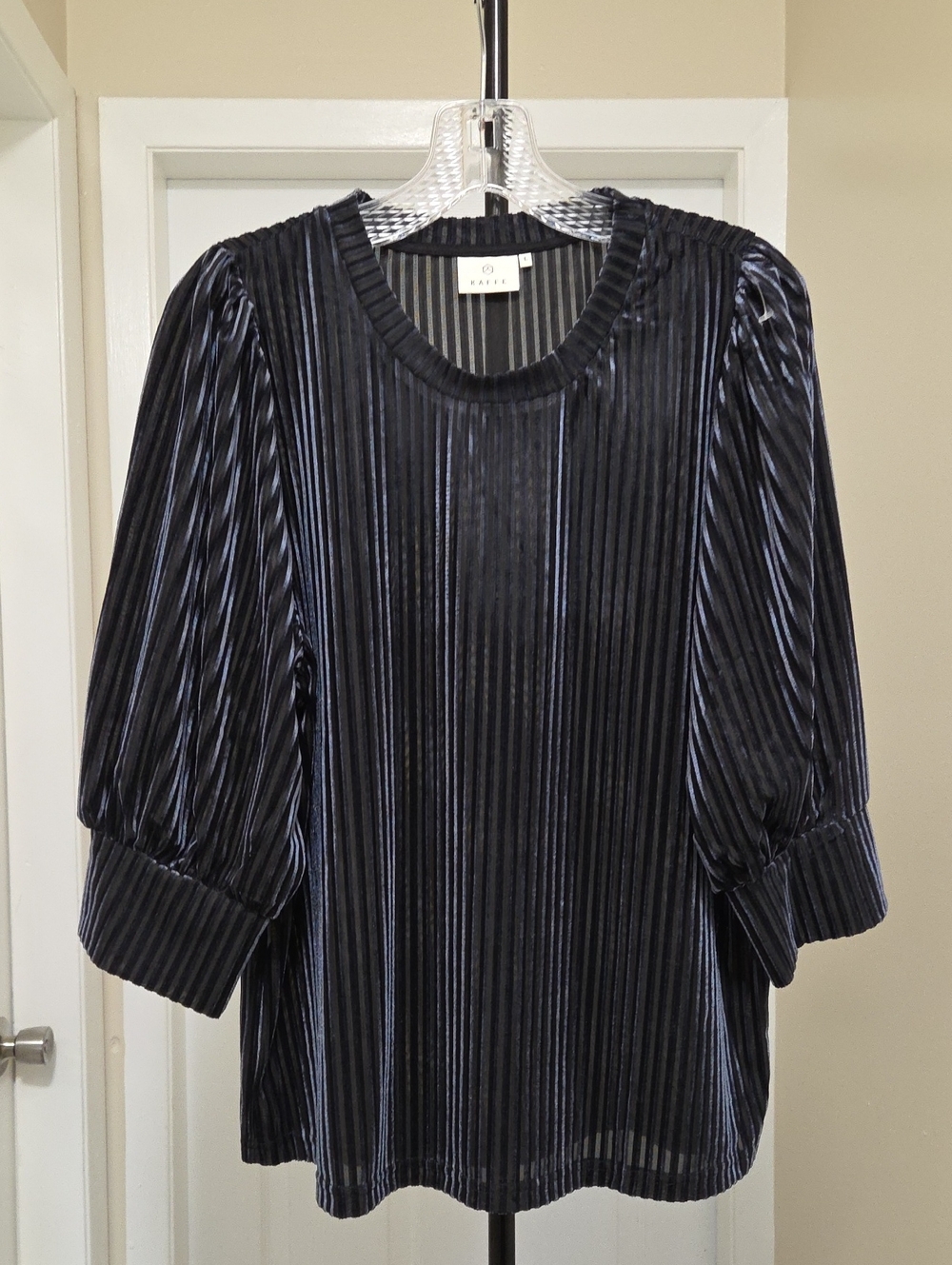 Kaffe Black Pleated Velvet Puff Sleeve Top | Shimmer Stripe Textured Blouse - Picture 2 of 10